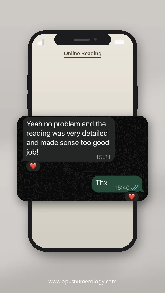 Client review of an Opus numerology reading (message screenshot) – 2 / 38