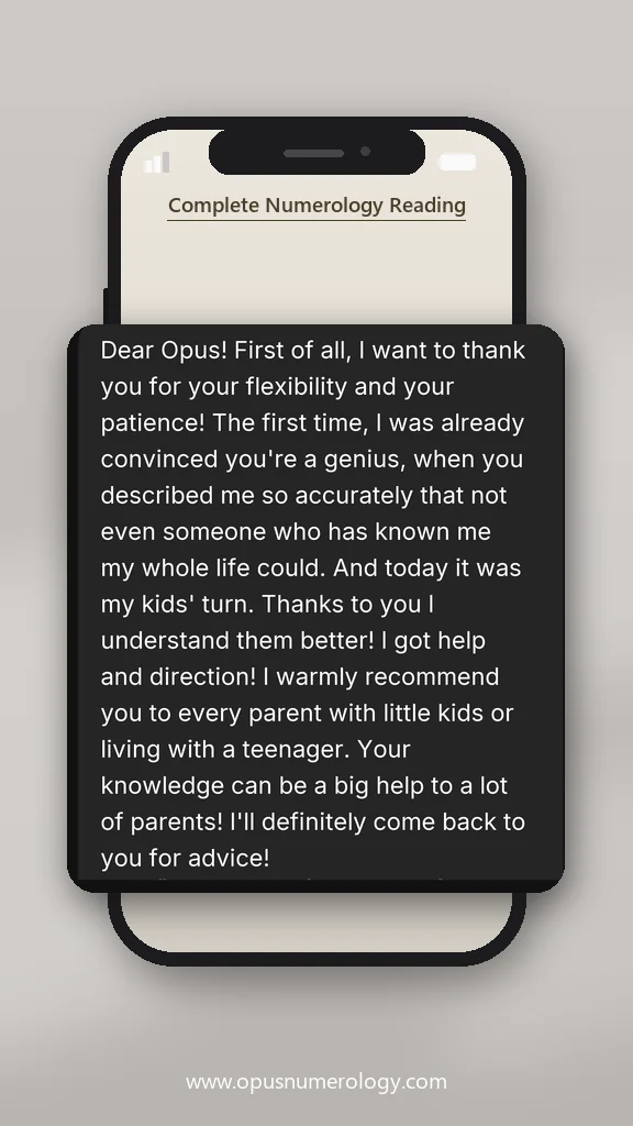 Client review of an Opus numerology reading (message screenshot) – 11 / 38