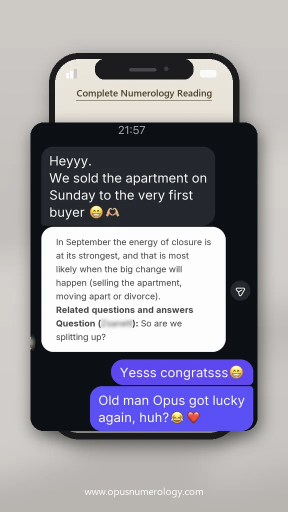 Client review of an Opus numerology reading (message screenshot) – 15 / 38