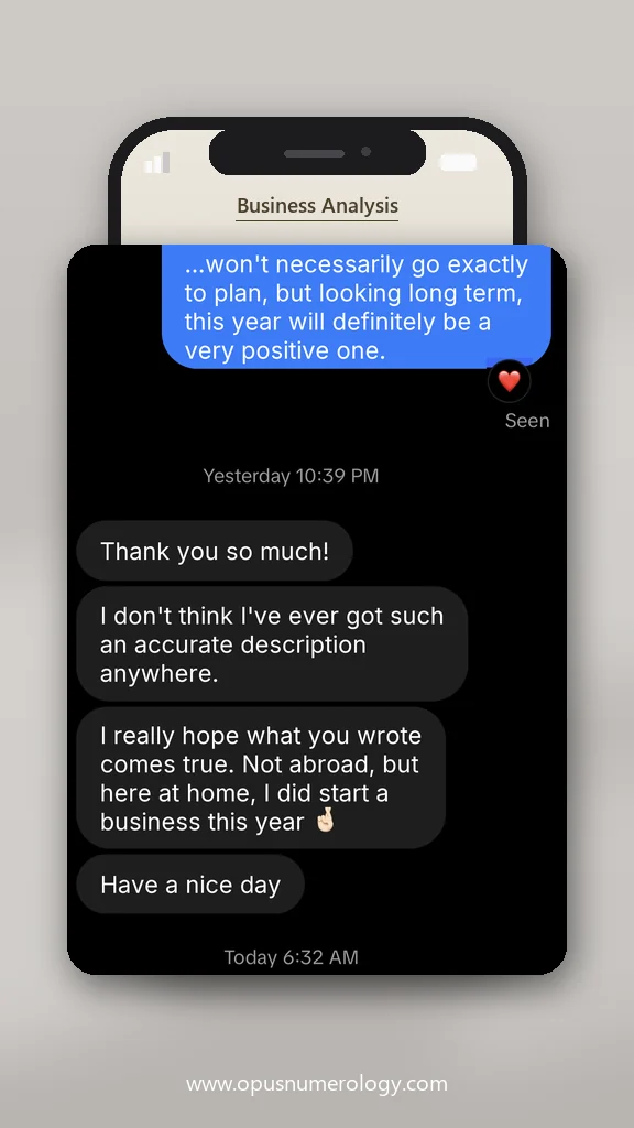 Client review of an Opus numerology reading (message screenshot) – 22 / 38