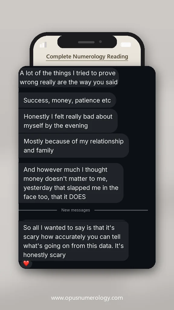 Client review of an Opus numerology reading (message screenshot) – 33 / 38