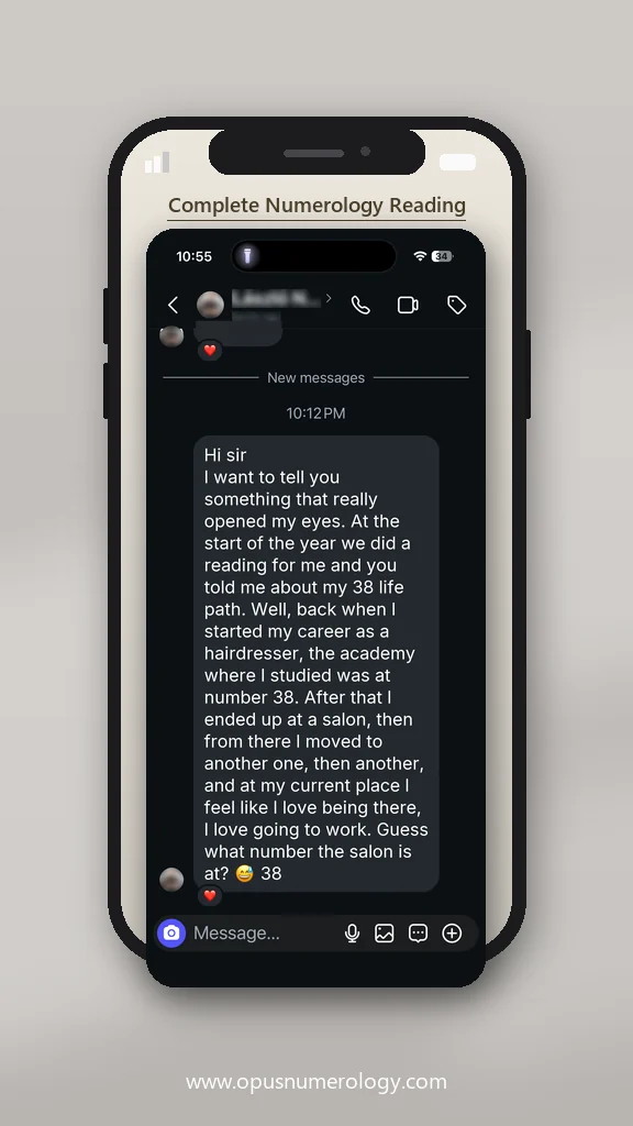 Client review of an Opus numerology reading (message screenshot) – 7 / 38